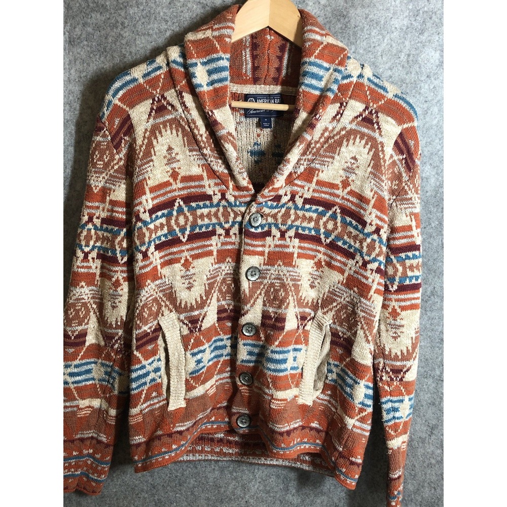American Rag Sweater Mens Medium Brown Shawl Collar Cardigan Southwestern Aztec